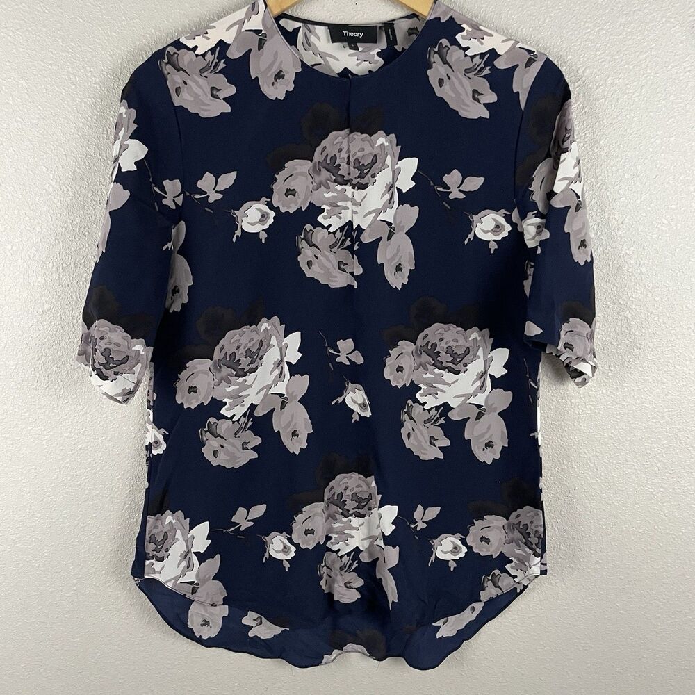 Theory Womens Small Antazie 100% Silk Floral Print Elbow Sleeve Hook & Eye Neck